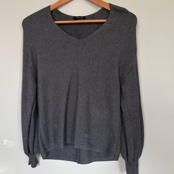 1. State Charcoal Ribbed Balloon Sleeve Cotton Blend Sweater - Picture 1 of 11